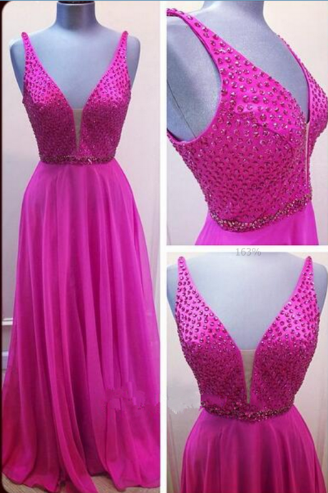 Prom Dress,modest Prom Dress,fuchsia Plunging V Neck Chiffon Formal Gown With Beaded Bodice With V Back