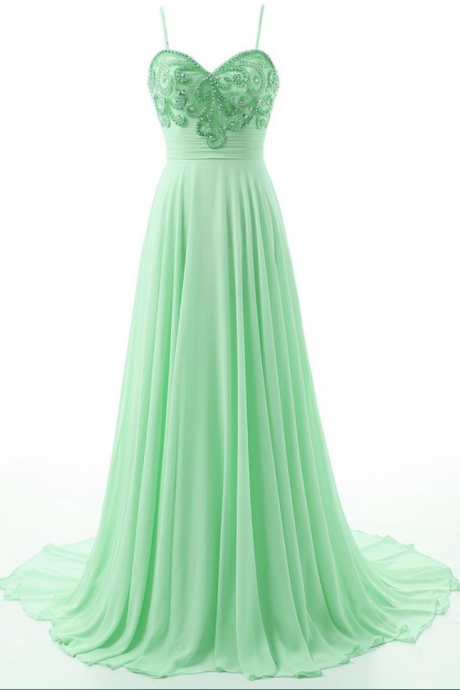 Mint Green Prom Dresses,sexy A-line Long Prom Gowns,custom Made Beading Chiffon Evening Dresses,