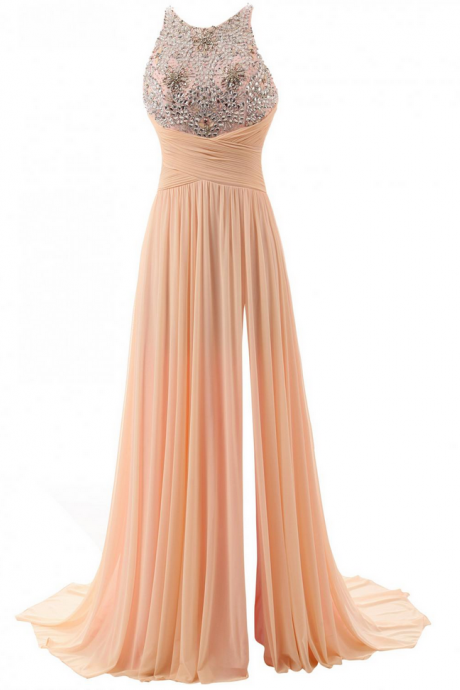 Fashion Pink Long Prom Dresses,custom Made Beading Chiffon A-line Evening Dresses,sexy Formal Women Gowns