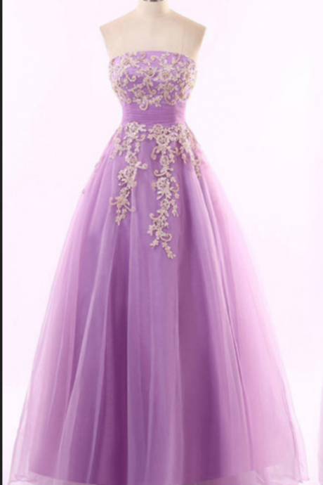 Purple Strapless A-line Tulle Long Prom Dress With Floral Appliqués