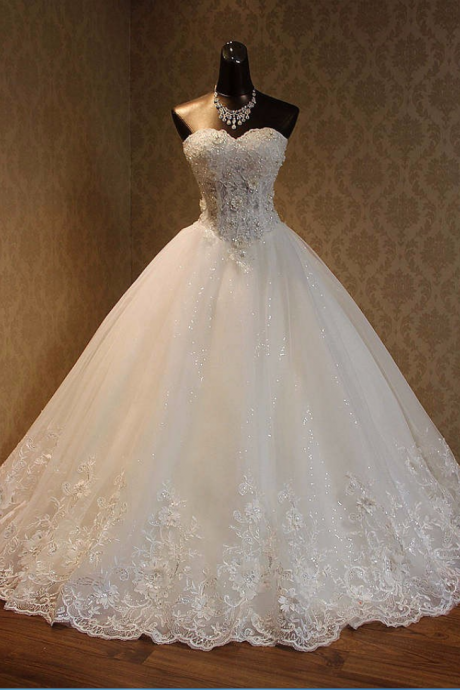  Appliques Lace Wedding Dress,Sweep Train Bridal Gowns Custom Made Wedding Dresses