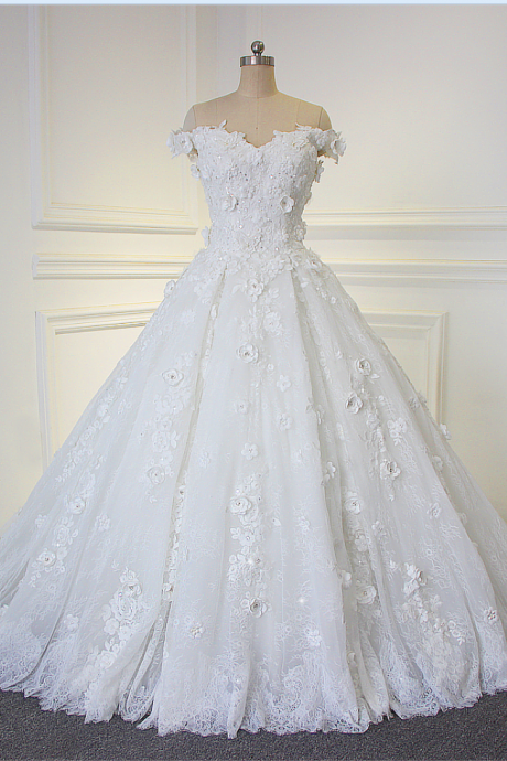 Amazing Beautiful Flowers Handmade Wedding Dress With Off The Shoulder Straps Bridal Dress