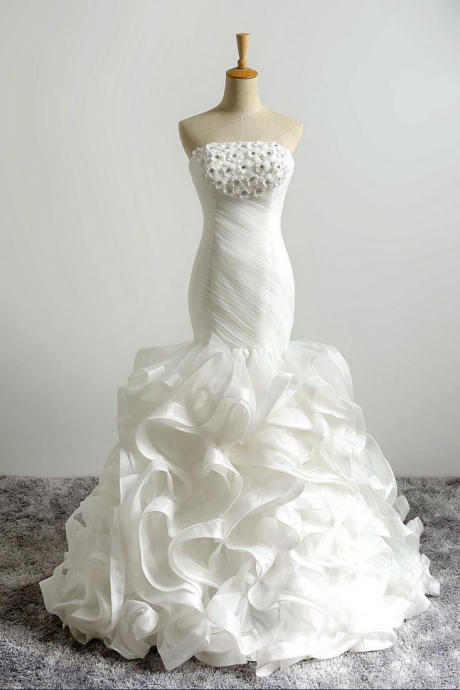 Ivory Floor Length Ruffle Trumpet Wedding Dress Featuring Ruched Strapless Bodice With Floral