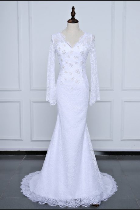 Long Sleeve Lace Wedding Dresses , Fashion summer Beach Gown Sexy Backless Bridal Dresses