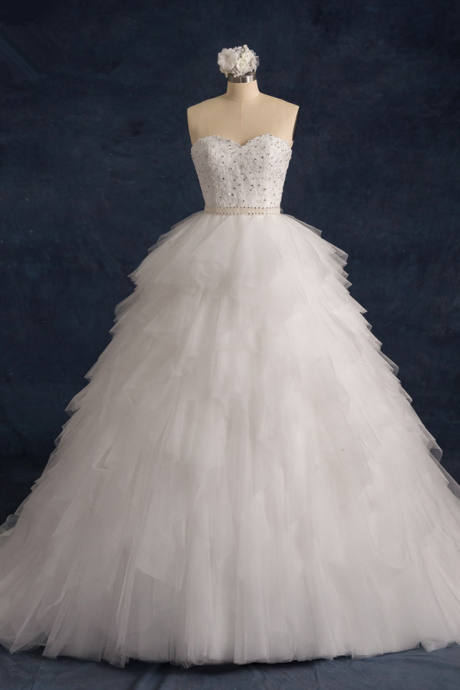 Ruffle Tulle Wedding Gown Featuring Beaded Embellished Sweetheart Bodice And Chapel Train