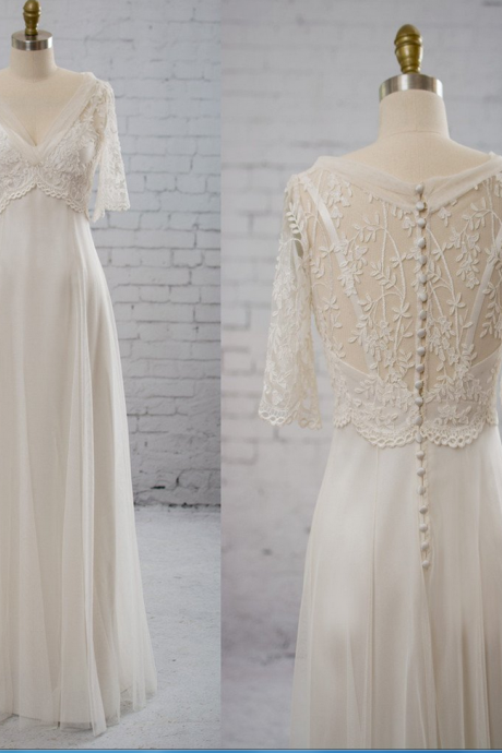 Vantage Half Sleeve V-Neck Elegant See Through Wedding Party Dresses,