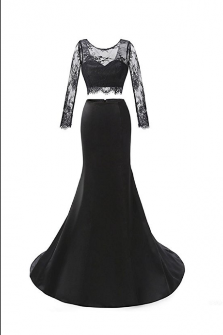 Trumpet V Back Long Sleeves Lace Two Piece Prom Dress Evening Gown