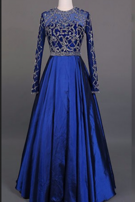 Handwork Sexy Design Color Blue Color Long Crystal Prom Dress Satin Dress