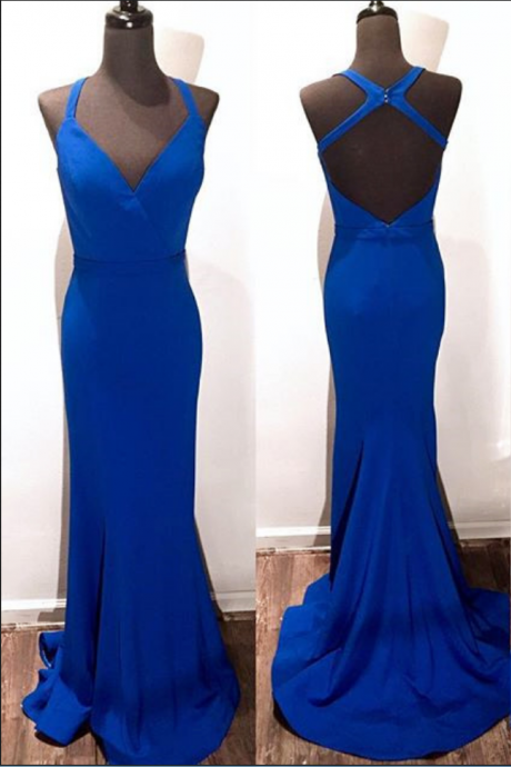 Prom Dresses,evening Dress, Prom Dress,modest Prom Dress,v Neck Cross Back Long Royal Blue Mermaid Prom Dresses