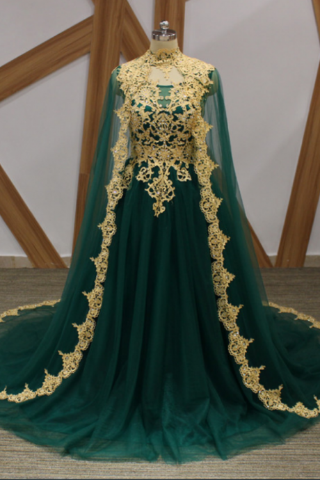 Long Prom Dresses Green Tulle A Line Arabic Party Gowns With Gold Lace Crystals A Line Cloak Floor Legnth Prom Dress Cheap