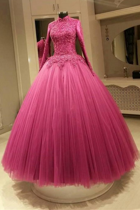Prom Dress, Muslim Fuchsia Color Wedding Dresses A Line High Neck Long Sleeves Applique Lace Plus Size Bridal Gowns Real Picture,graduation