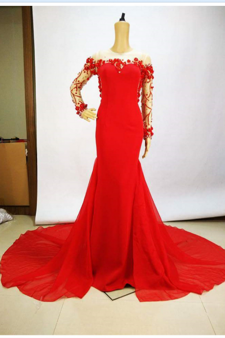 Sexy Red Long Sleeve Beaded Chiffon Long Prom Dress