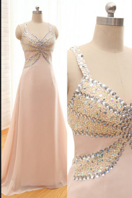 Custom Made Fashion Long Chiffon Prom Dresses ,a-line Sweetheart Spaghetti Backless Evening Dresses With Sequined Beaded