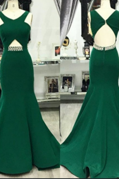 V-neck Backless Beading Mermaid Satin Dark Green Prom Dresses