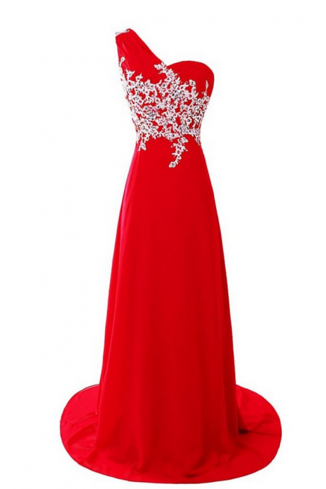 Evening Dresses Long One Shoulder Red Chiffon Appliqued Prom Dress