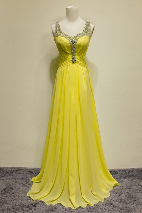 Elegant A-line Prom Dress, Floor Length Prom Dresses,charming Yellow V Neck Prom Gowns ,strapless Chiffon See Through Back Prom Dress, Beaded