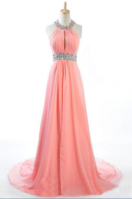 Handmade Coral Halter Sequins Long Prom Dresses, Coral Prom Gown,backless Evening Dress