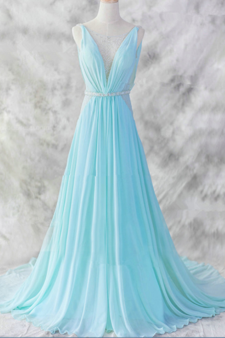 Fashion Chiffon A-line Prom Dress ,real Photos Baby Blue Beaded Long Evening Party Wear Gown,deep V-neck Sexy Elegant Prom Dress