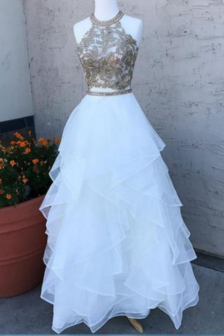 White Halter Tulle Homecoming Dress, Beaded Appliques Long Prom Dress, Sexy Evening Dress For Party