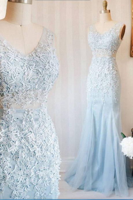 Light Blue A-line V Neck Sleeveless Lace Sequins Beadings Tulle Long Prom Dress, Blue Lace Evening Dress For Teens