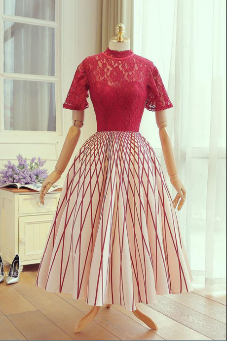Unique Red Lace Tea Length Prom Dress, Red Lace Evening Dress