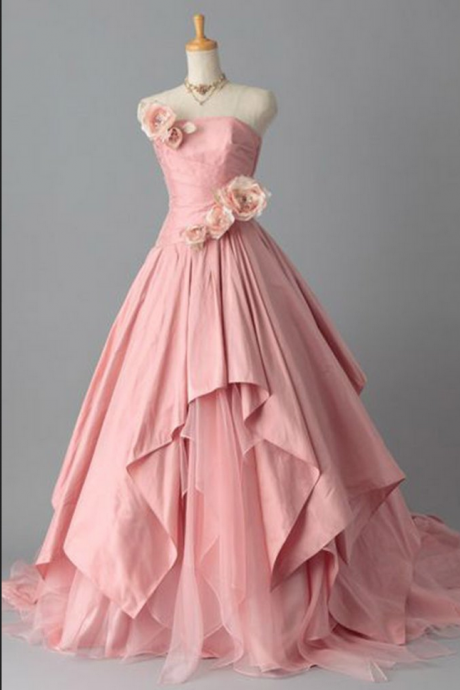 Pink Chiffon Sweetheart Handmade Flowers Ball Gown Dresses,long Prom Dresses