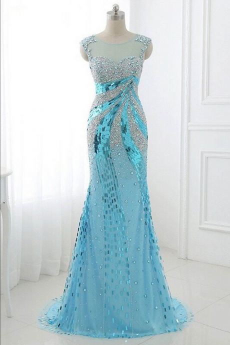 Light blue chiffon beading sequins see-through long dresses,evening dresses for prom