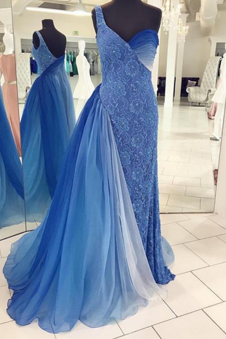 Unique Blue Chiffon Lace Long Dresses,one Shoulder Prom Dresses
