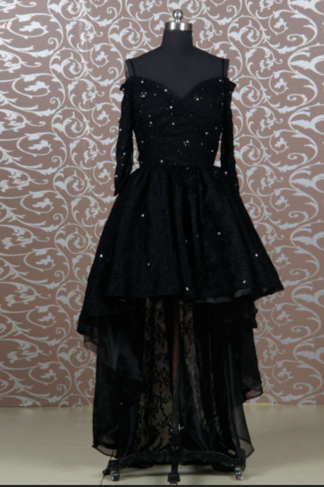 Off The Shoulder Long Sleeve Black Lace Front Short Back Long Prom Dress Evening Dress