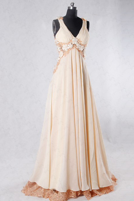 Flowing Chiffon V-Neck Lace Backless Floral Pregnant Prom Dress