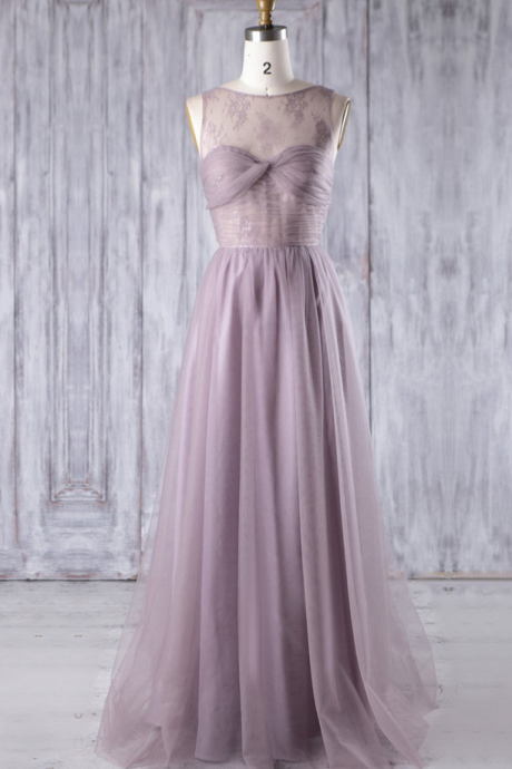 A-line Scoop Neck Lace Tulle Floor-length With Criss Cross Bridesmaid Dresses