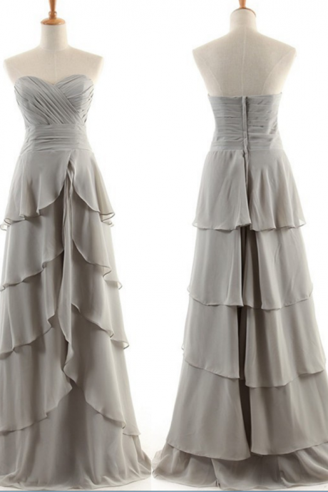 Grey Floor Length Chiffon Ruffled A-line Bridesmaid Dress Featuring Ruched Sweetheart Bodice