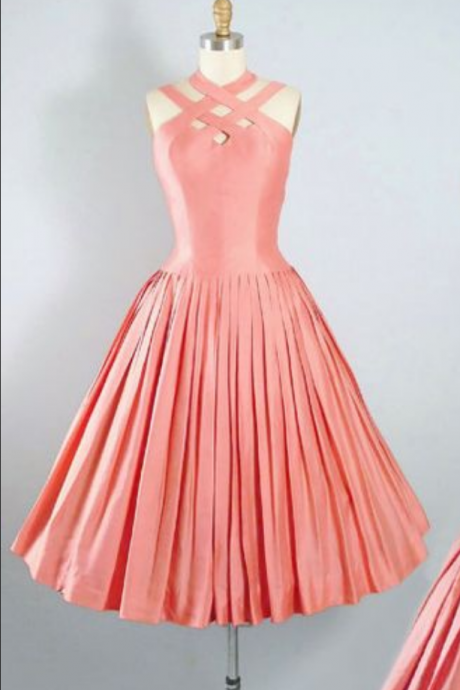 Pink Cotton Sundress ,Criss Cross Halter Top Neckline Party Dress