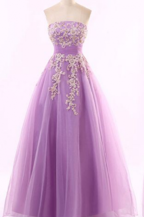 Lavender Long Tulle A-line Prom Dress,strapless Lace Up Back Party Dress,applique Floor Length Gown