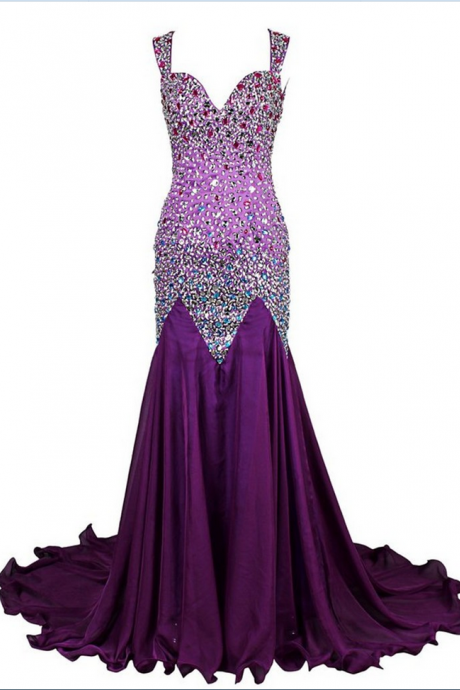 Luxurious Rhinestones Purple Chiffon Mermaid Backless Evening Dresses