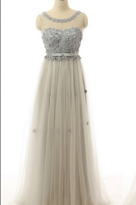 Grey Sheer Prom Dresses Long China Appliqued Tulle Formal Evening Gowns