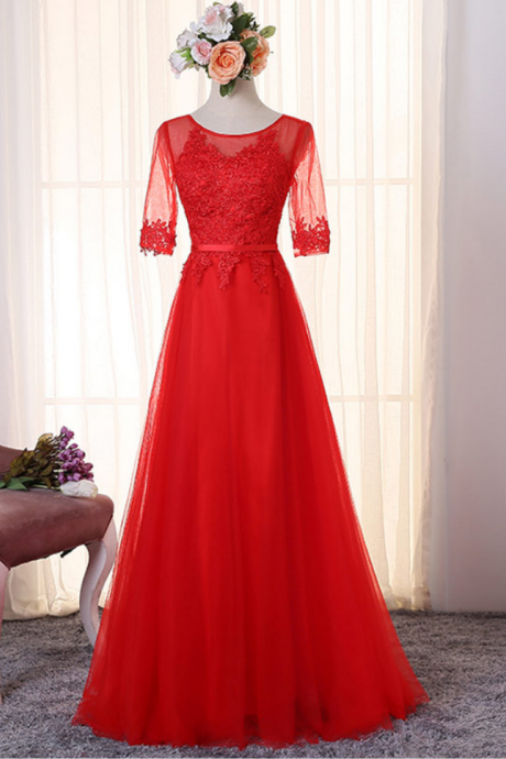 Red Long Sleeve Prom Dresses Modest Appliqued Tulle Evening Gowns Sheer Imported Party Dress