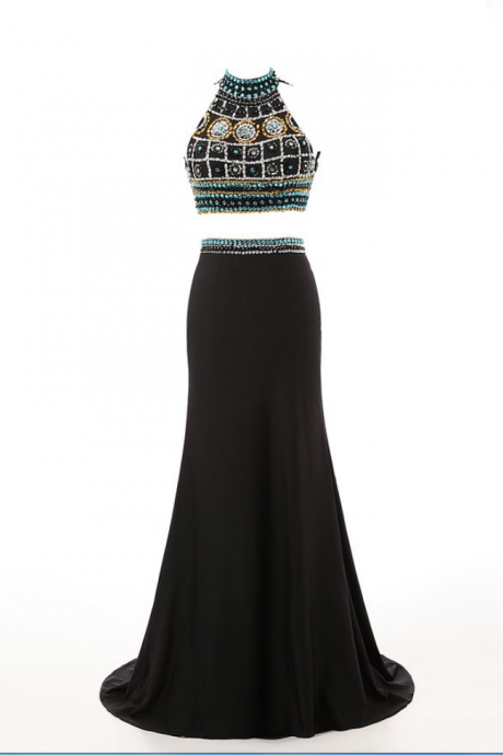 Floor Length Two-pieces Dress Featuring Beaded Embellished Halter Neck Crop Top And Cutoutback