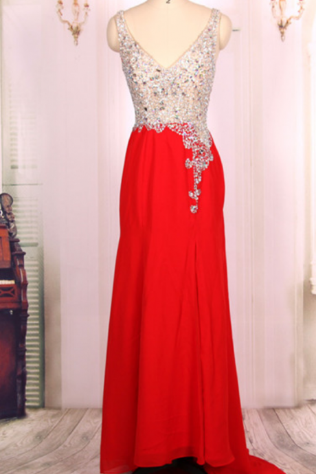 V Neck Heavy Beaded Red Open Back Long Prom Dresses Ball Gowns , Formal Evening Dresses Gowns, Homecoming Graduation Cocktail Party Dresses