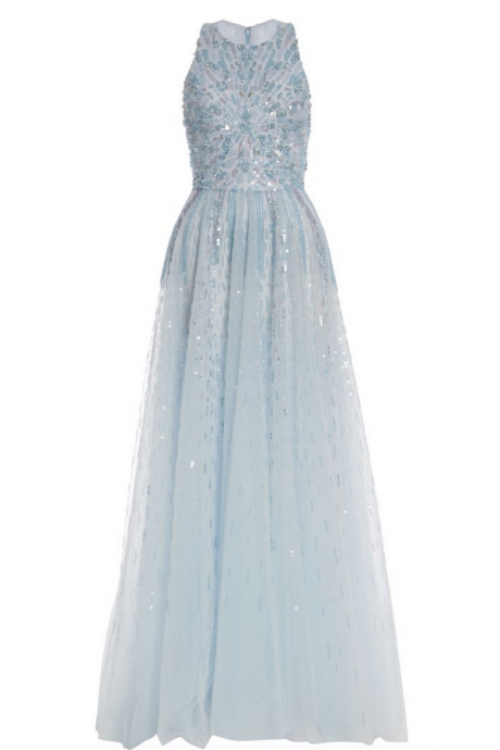Light Blue Prom Dress,sleeveless Long Prom Dresses,tulle Dress With Sequin Embellishment And Crew Neck