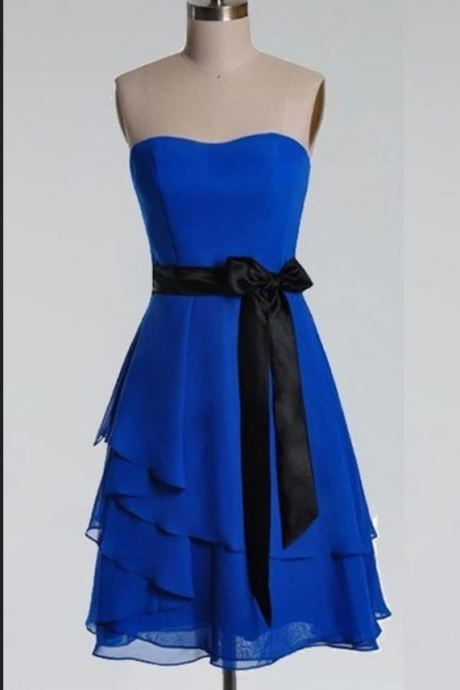 A-line Bow Embellished Strapless Sleeveless Knee-length Royal Blue Chiffon With Black Sash Short Bridesmaid Dresses,bridesmaid Gown
