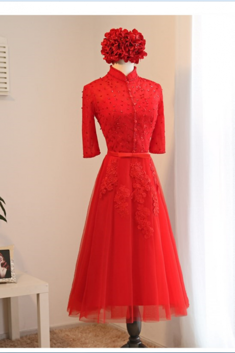 Red Beaded Prom Dress,middle Sleeve Prom Dress,illusion Prom Dress,fashion Bridesmaids Dress,sexy Party Dress, Evening Dress