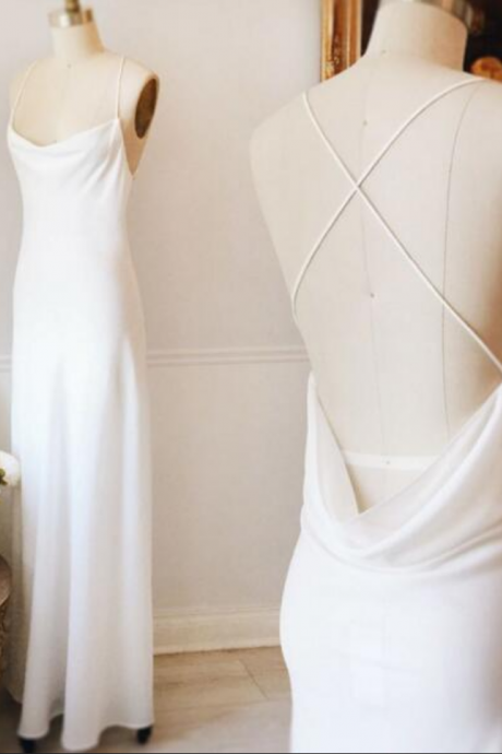 Spaghetti Strap White Open Back Prom Dress,criss Cross Long Prom Dress,chiffon Evening Dress,elegant Formal Dress