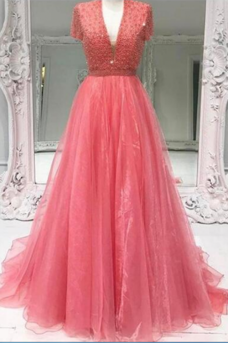 Coral A-line Prom Dress, Sexy Prom Dresses, Tulle Evening Dress, Deep V-neck Long Prom Dresses Formal Dress