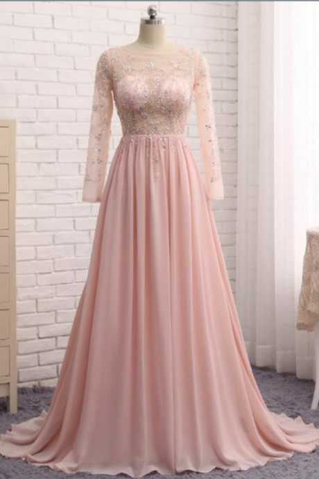 Top See Through Evening Dress Long Pink Chiffon Long Party Gown Vestido De Festa Abendkleider Robe De Soiree Solde