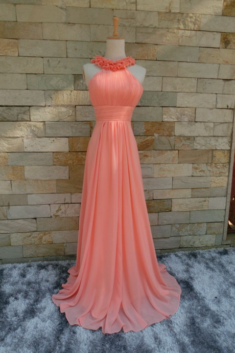 Real Picture Flower Pleat Chiffon Sexy And Cute Pink A-line Long Evening Dresses Prom Dresses