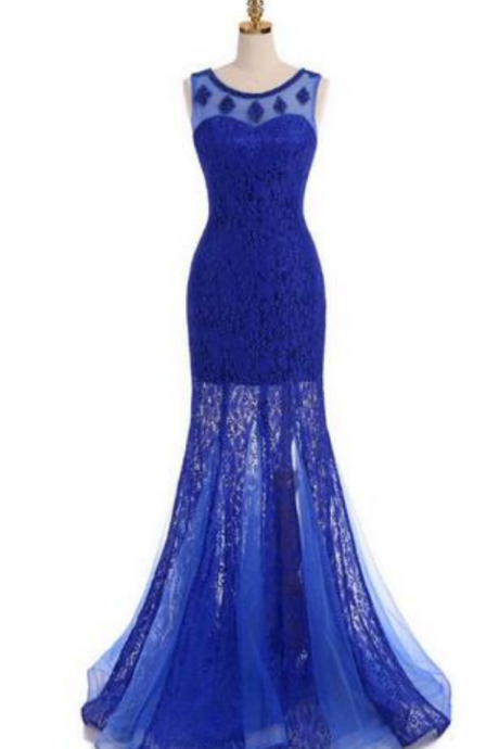 Real Dresses Evening Wear Royal Blue Boat Neck Sleeveless Mermaid Lace Pearl Beaded Formal Prom Dresses