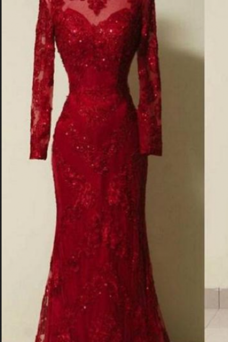 Dark Red Real Photo Prom Dresses With Long Sleeve Mermaid Evening Party Gowns