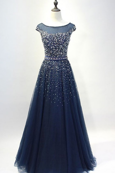 Dark Blue Tulle Sequins Round Neck Full-length Prom Dresses, A-line Evening Dresses