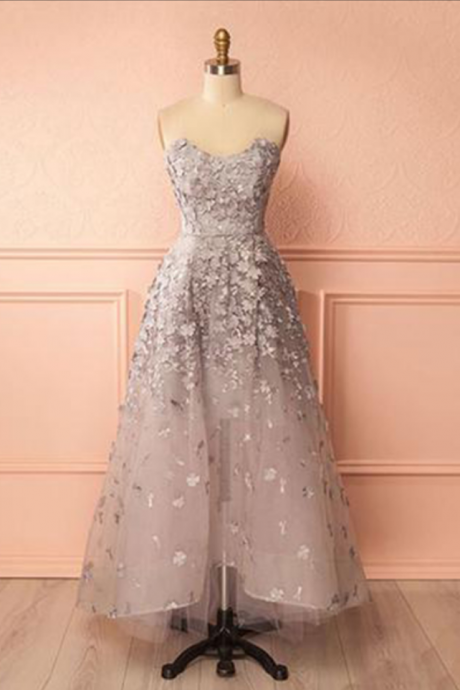 Sweetheart Long 3d Flower Evening Dress, Strapless High Low Prom Dresses
